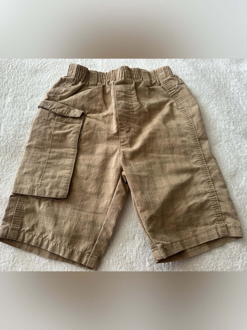 Kids Plaid Tan Cargo Shorts with Elastic Waistband
